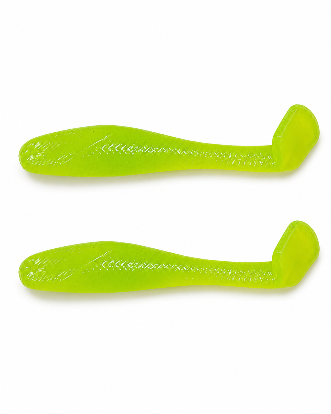 Two chartreuse paddle tail swimbaits on a clean product background